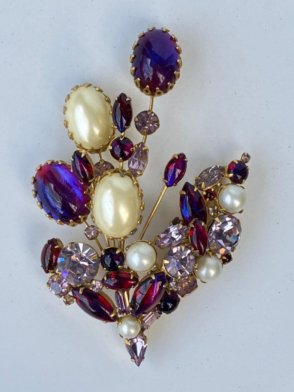Gold Wire Spray Dragon's Breath Cabochon Pearl Lavender Rhinestone Floral Brooch - Picture 13 of 13